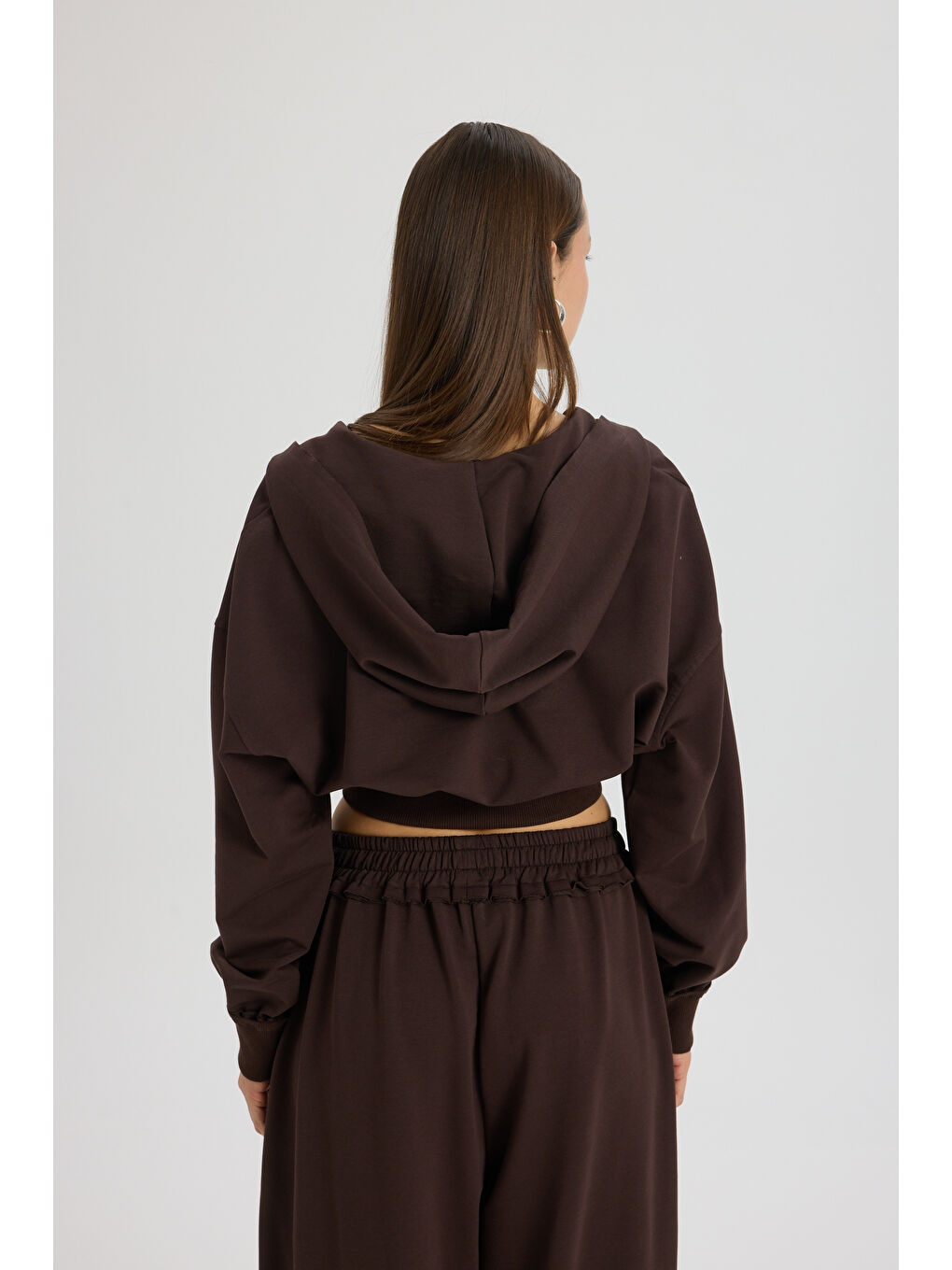 Kahverengi Petal Pis Detay Kahve Crop Eşofman Takım-3