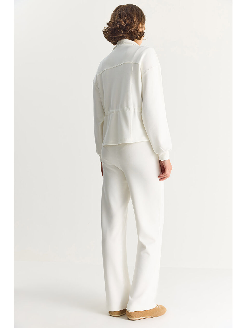 Beyaz Kadın Yumuşak Dokulu Bel Ayarlamalı Ceket Pantolon Modal Takım-6