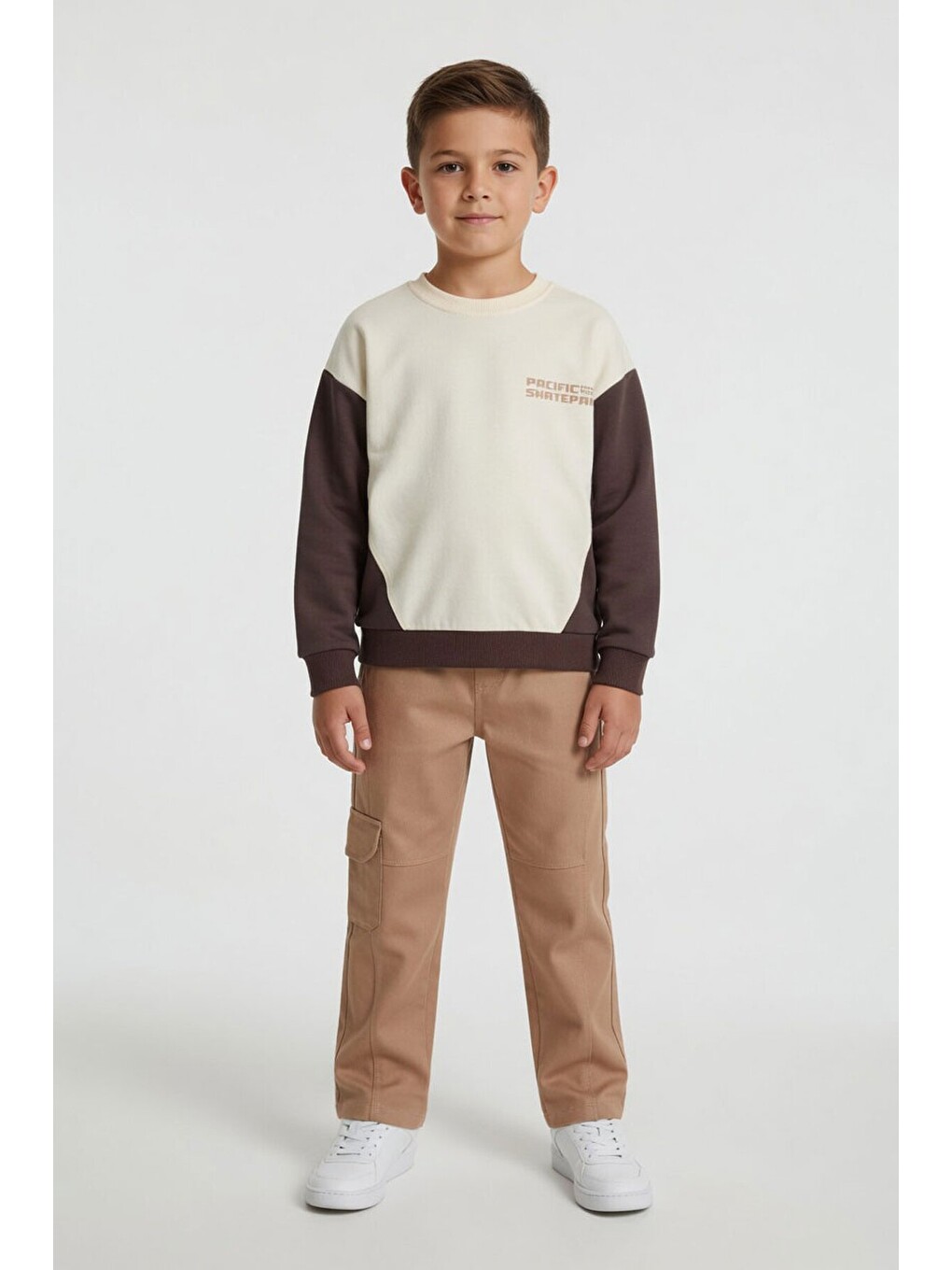 Kahverengi Kahve Erkek Çocuk Keten Pantolonlu Sweatshirt 2li Takım 24516-1