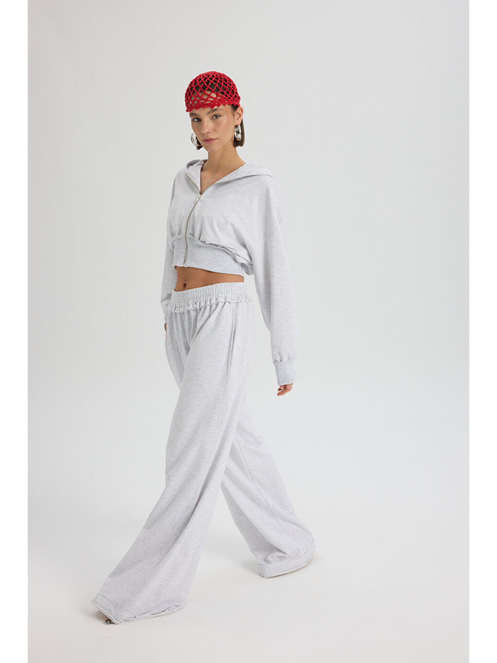 Beyaz Petal Pis Detay Karmelanj Crop Eşofman Takım-2