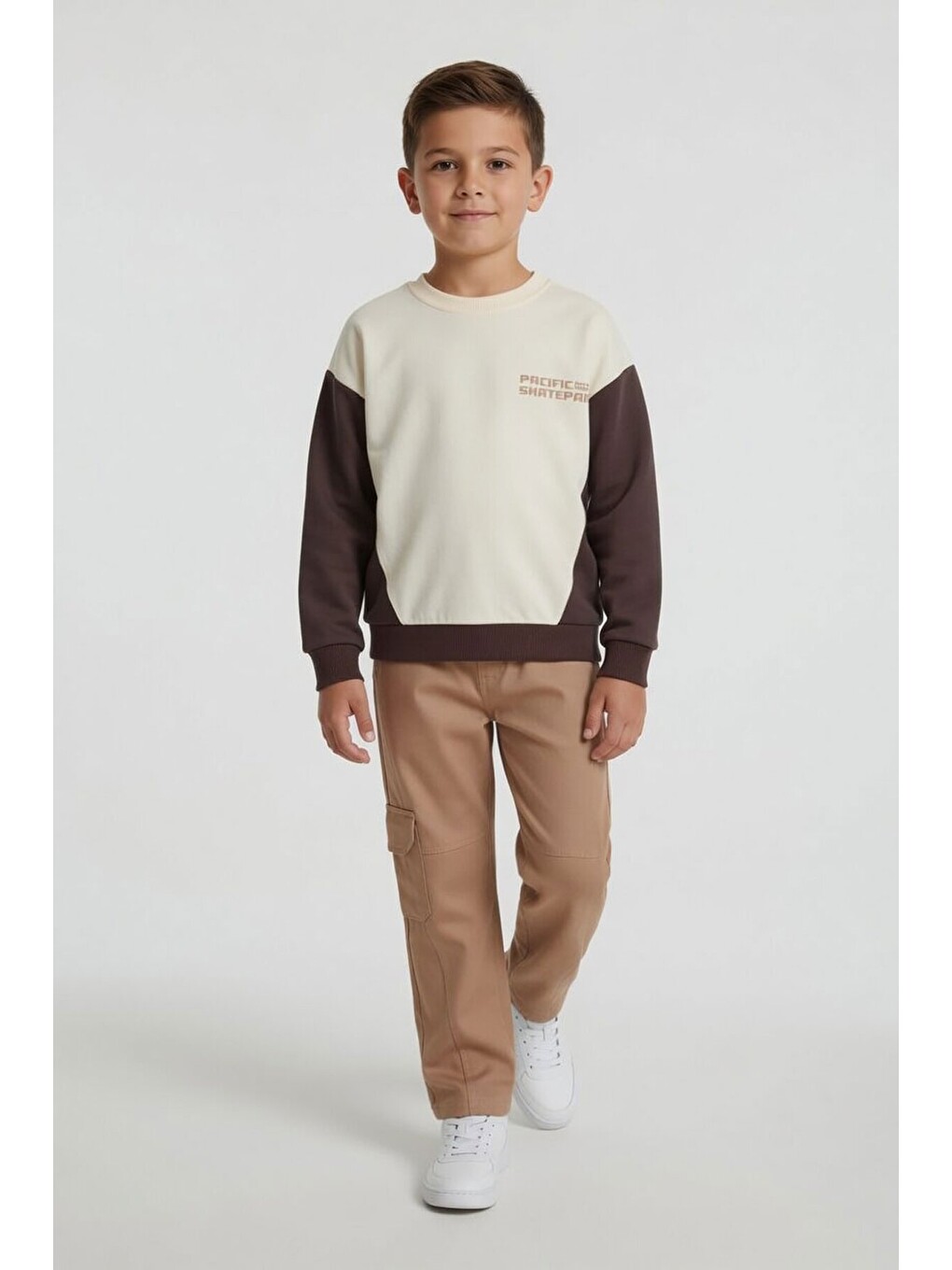 Kahverengi Kahve Erkek Çocuk Keten Pantolonlu Sweatshirt 2li Takım 24516-2