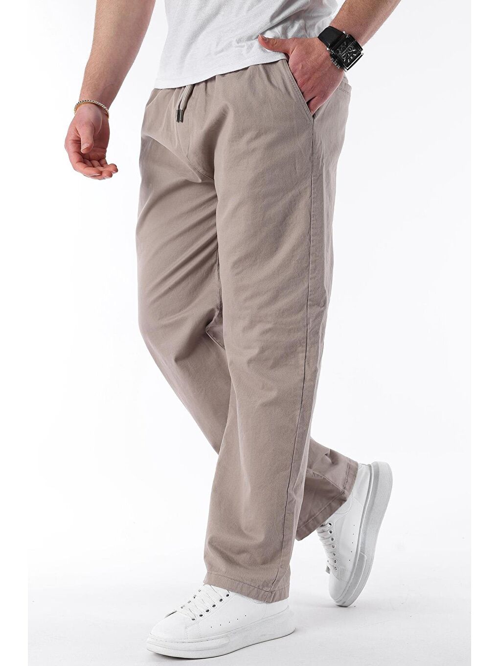 Bej Taş Rengi Bol Paça Beli Bağlamalı Erkek Pantolon E7403-2