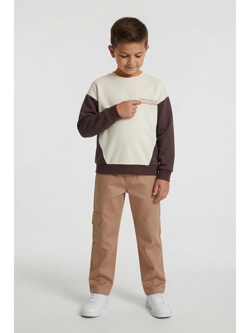 Kahverengi Kahve Erkek Çocuk Keten Pantolonlu Sweatshirt 2li Takım 24516-3