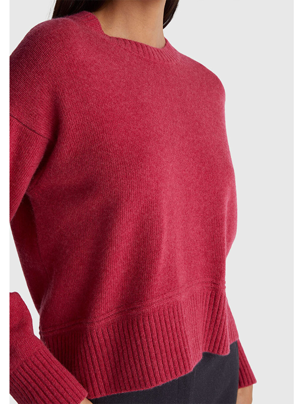 Kadın Fuşya Yün Karışımlı Alt Kısmı Geniş Bisiklet Yaka Kazak-5