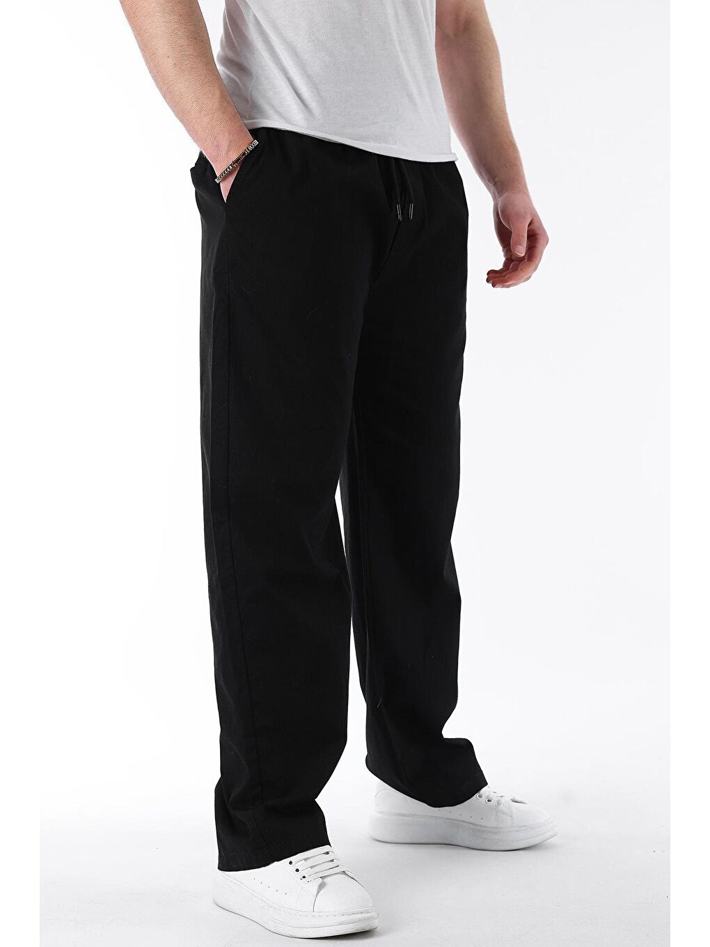 Siyah Bol Paça Beli Bağlamalı Erkek Pantolon E7403-1