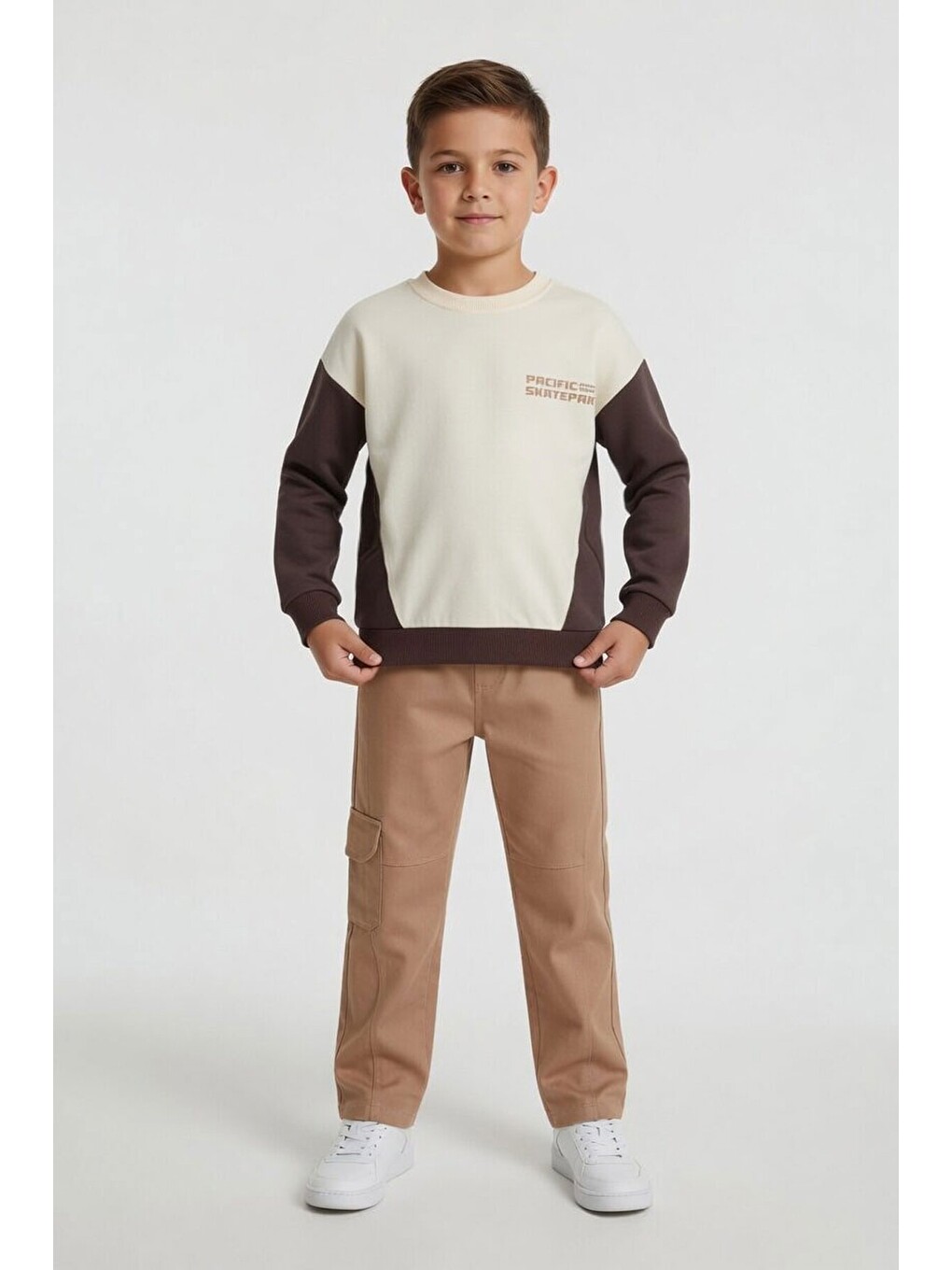 Kahverengi Kahve Erkek Çocuk Keten Pantolonlu Sweatshirt 2li Takım 24516-4
