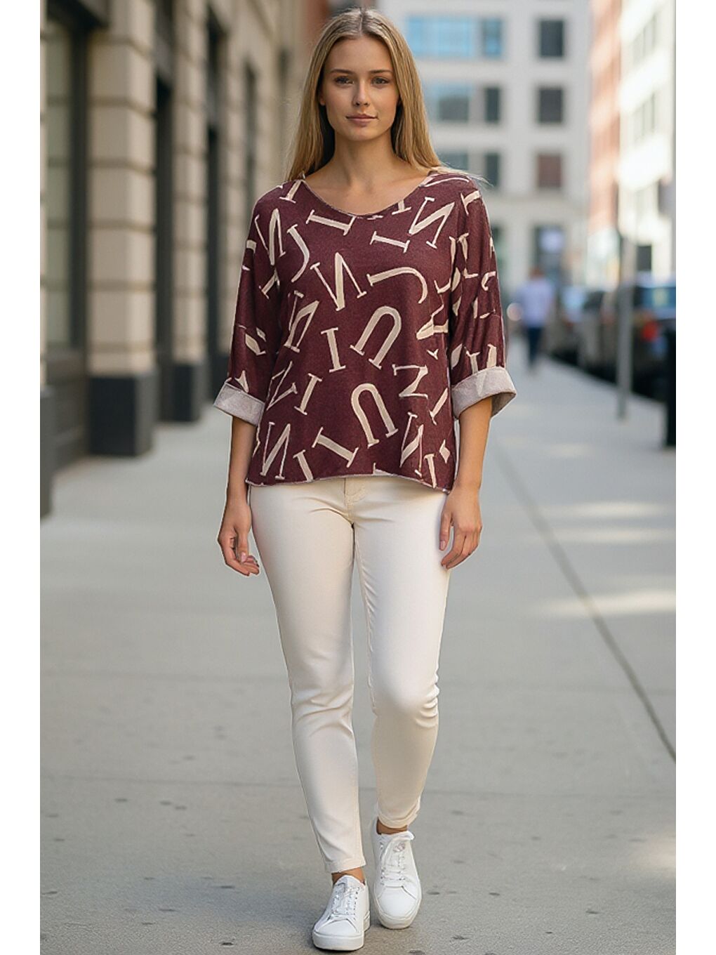 İtalyan Bordo V Yaka Uzun Kol İnce Allover Baskılı Casual Triko Bluz 70 70-3