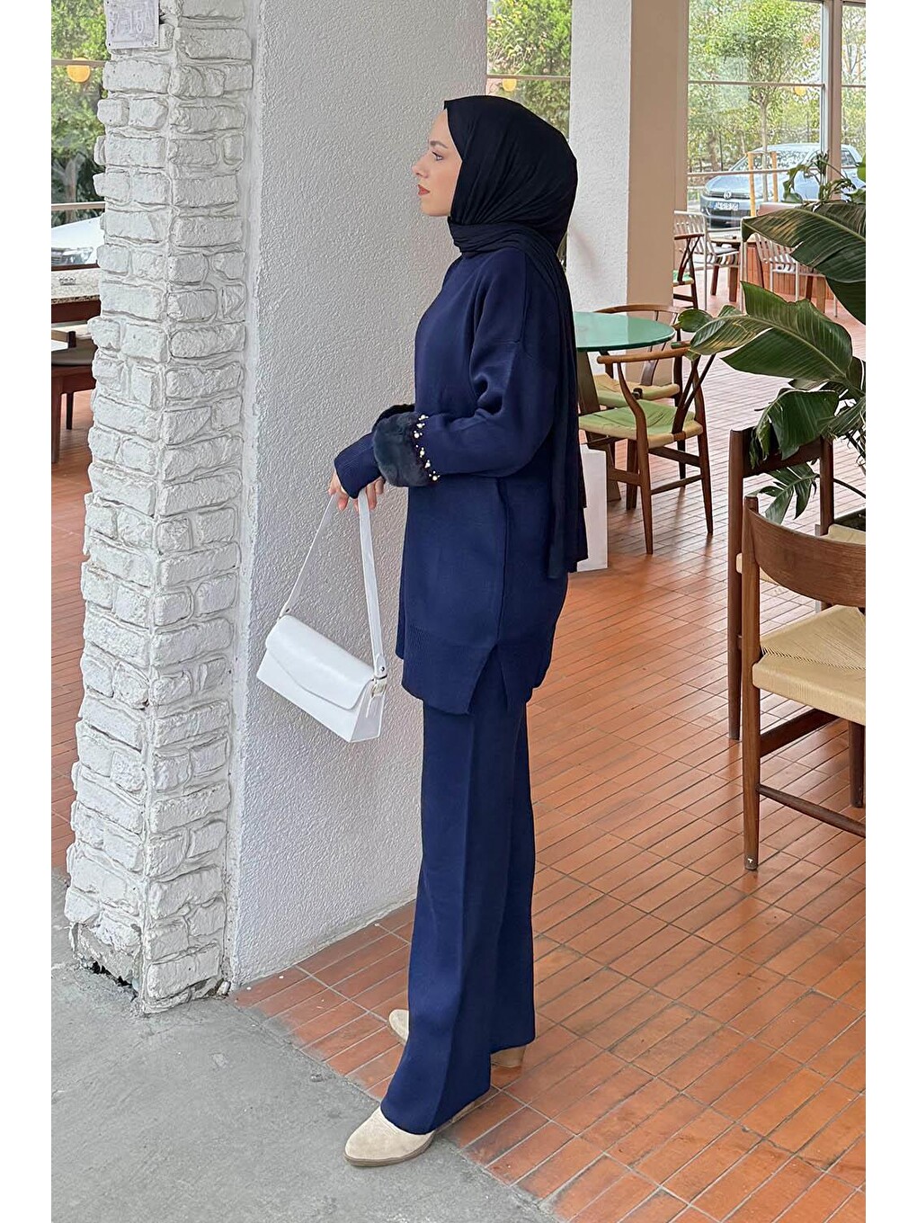 Kol Pelüş Detaylı Triko Takım Lacivert-1