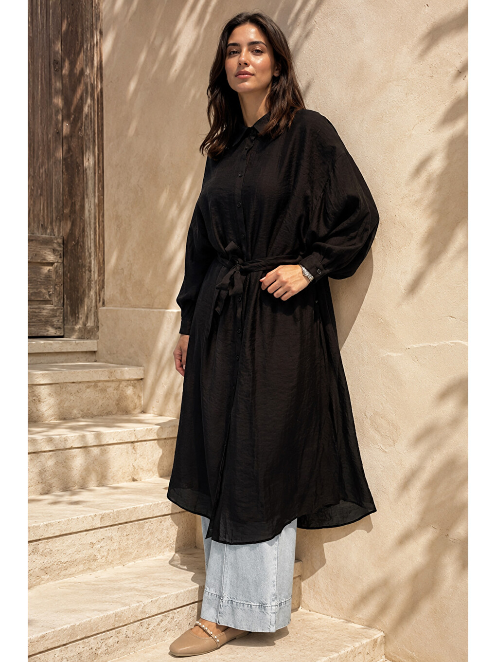 Çift Katlı Kuşaklı Nil Tunik 165 Siyah