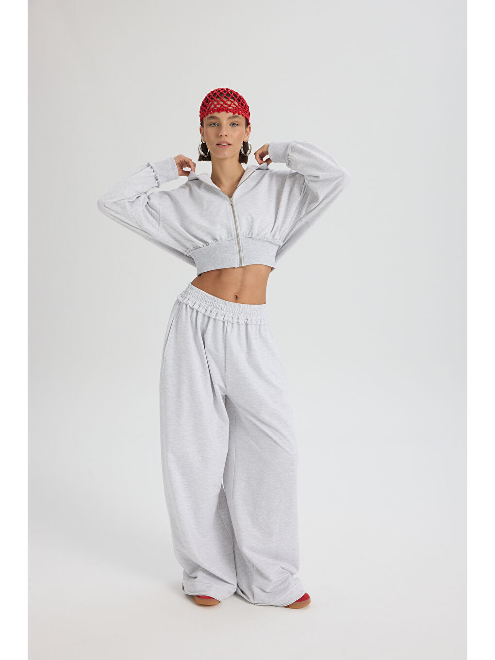 Beyaz Petal Pis Detay Karmelanj Crop Eşofman Takım-3