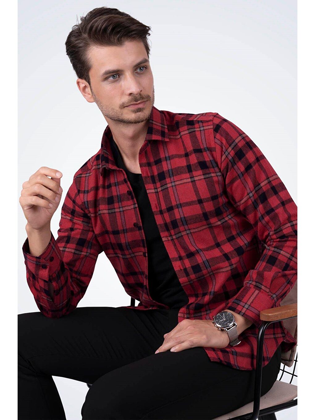 Kırmızı Mavi Çizgili SlimFit %100 Pamuk Erkek Oduncu Gömlek-2