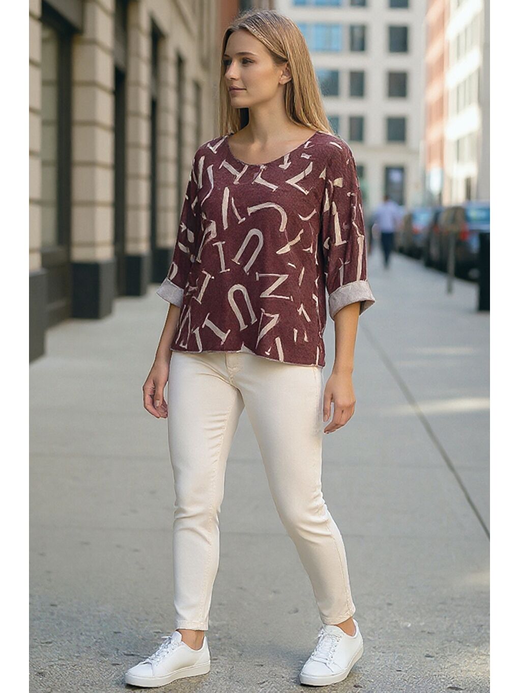 İtalyan Bordo V Yaka Uzun Kol İnce Allover Baskılı Casual Triko Bluz 70 70-4