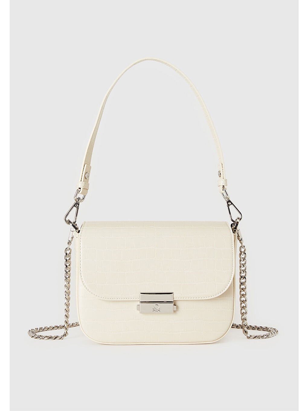 Ekru Kadın Krem Logo Detaylı Metal Tokalı Zincirli Askılı Kroko Çanta
