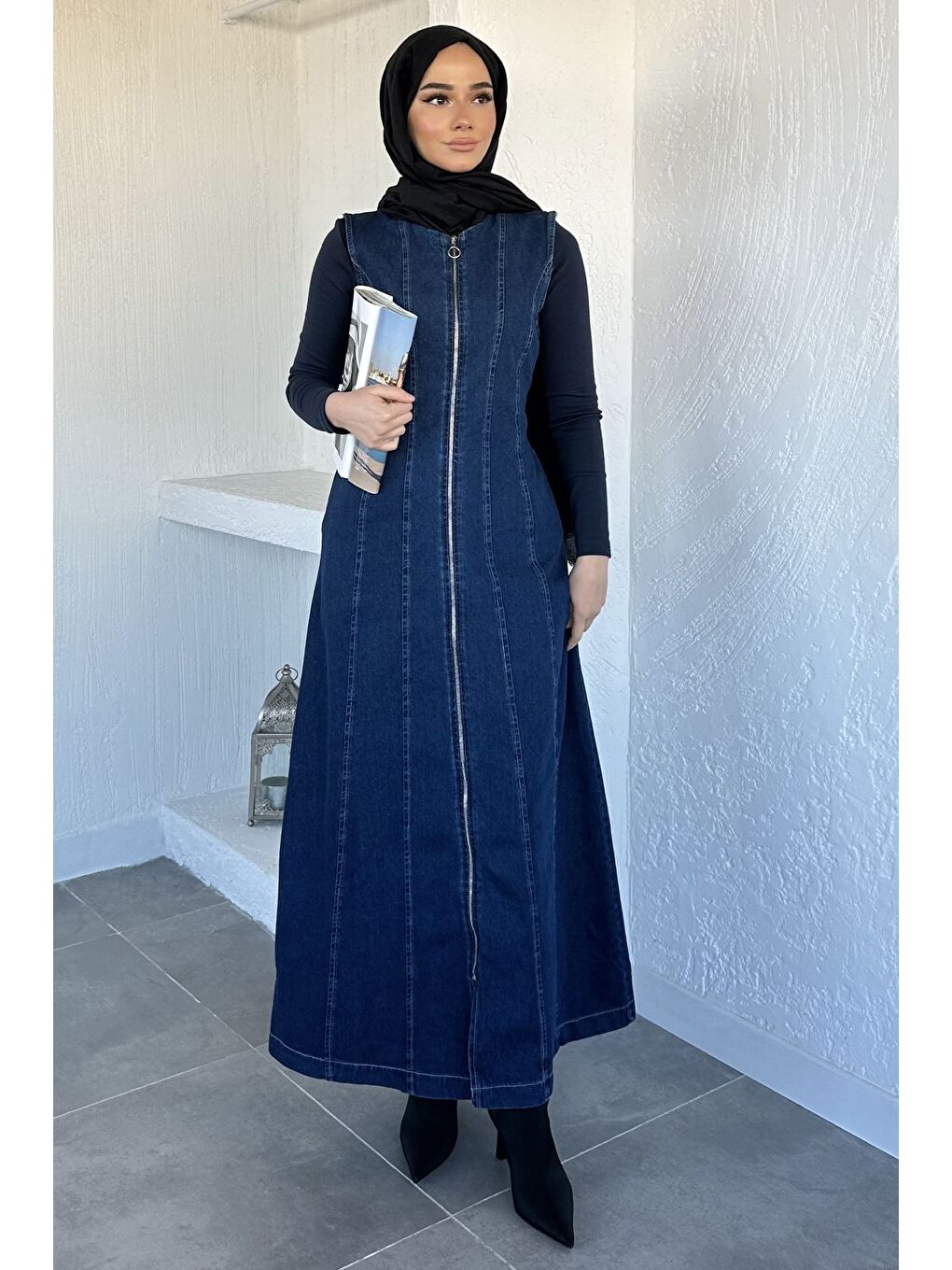 Lacivert Boydan Fermuarlı Jean Jean Tesettür Elbise-3