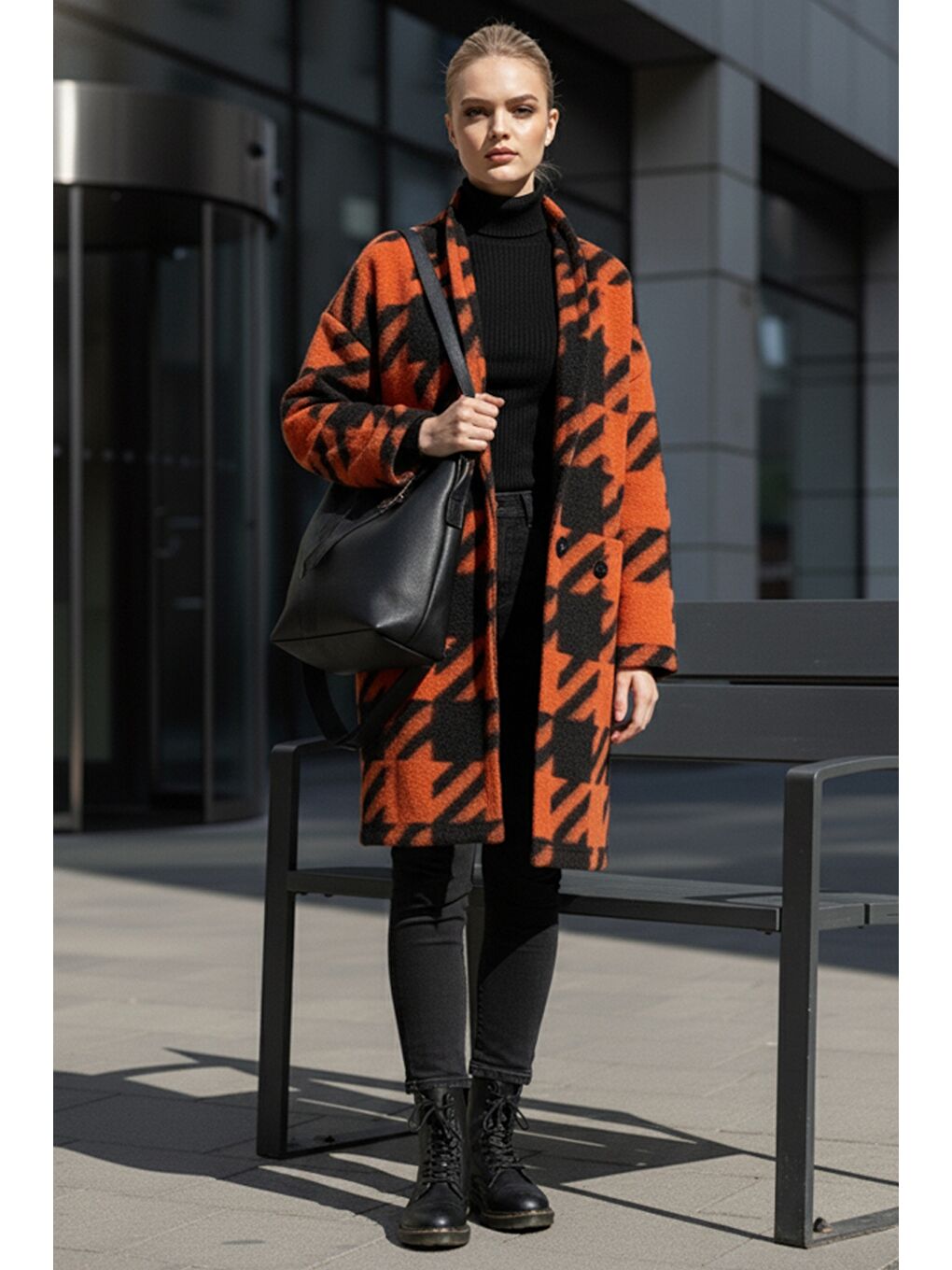 İtalyan Siyah-Turuncu Kimono Yaka Uzun Kol Kazayağı Kapamasız Cepli Casual Kaşe Dokuma Ceket 100 75