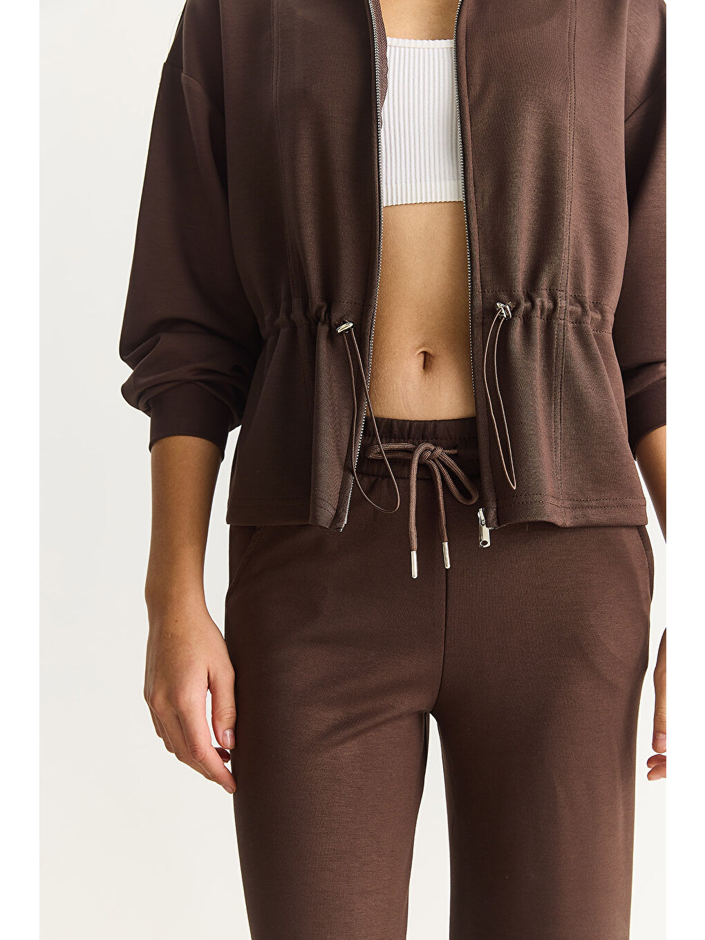 Kahverengi Kadın Yumuşak Dokulu Bel Ayarlamalı Ceket Pantolon Modal Takım-4