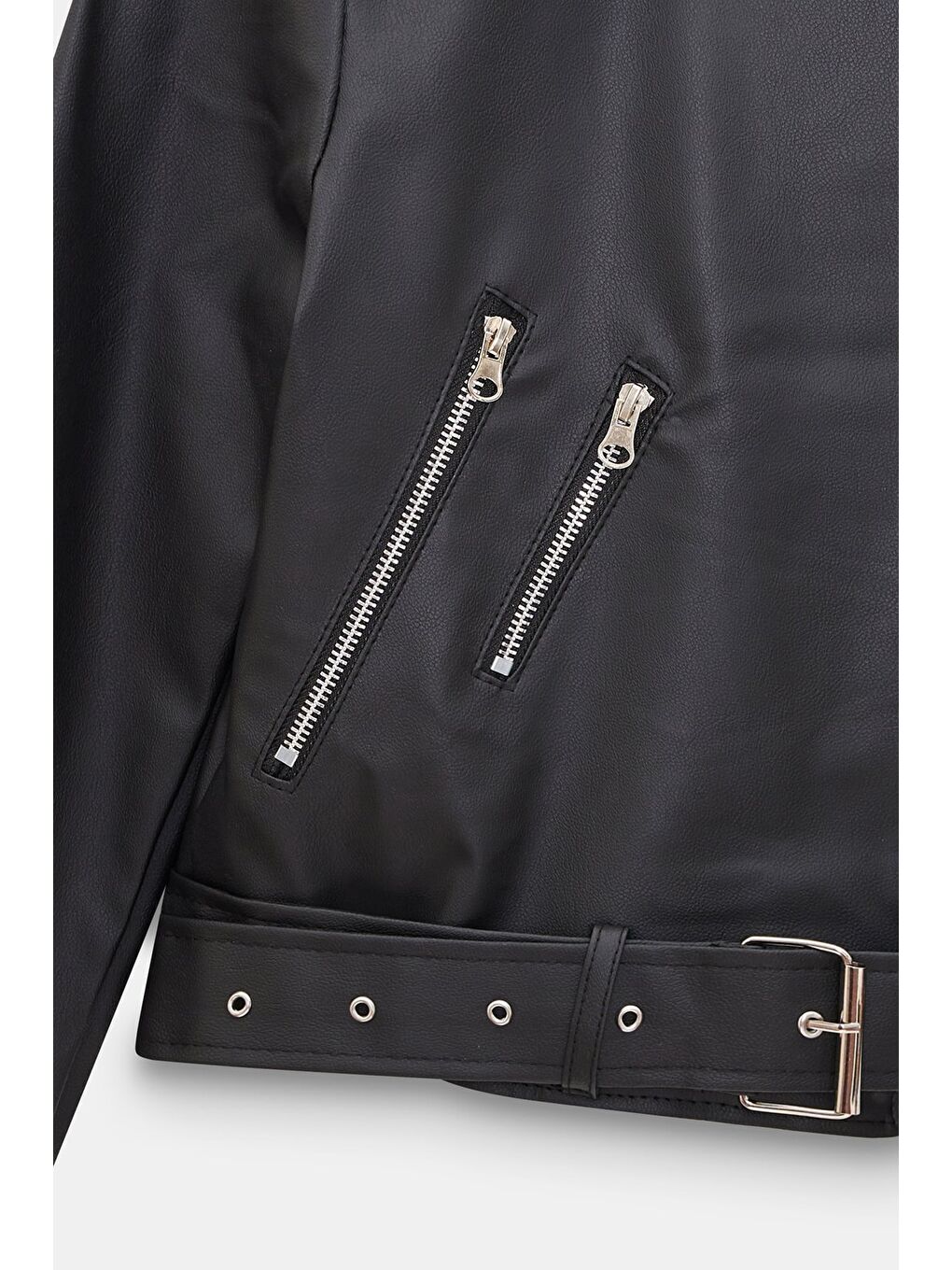 Siyah Kadın Relax Fit Gömlek Yaka Kemerli Cepli  Suni Deri Biker Crop Ceket - Fermuar Detaylı-1