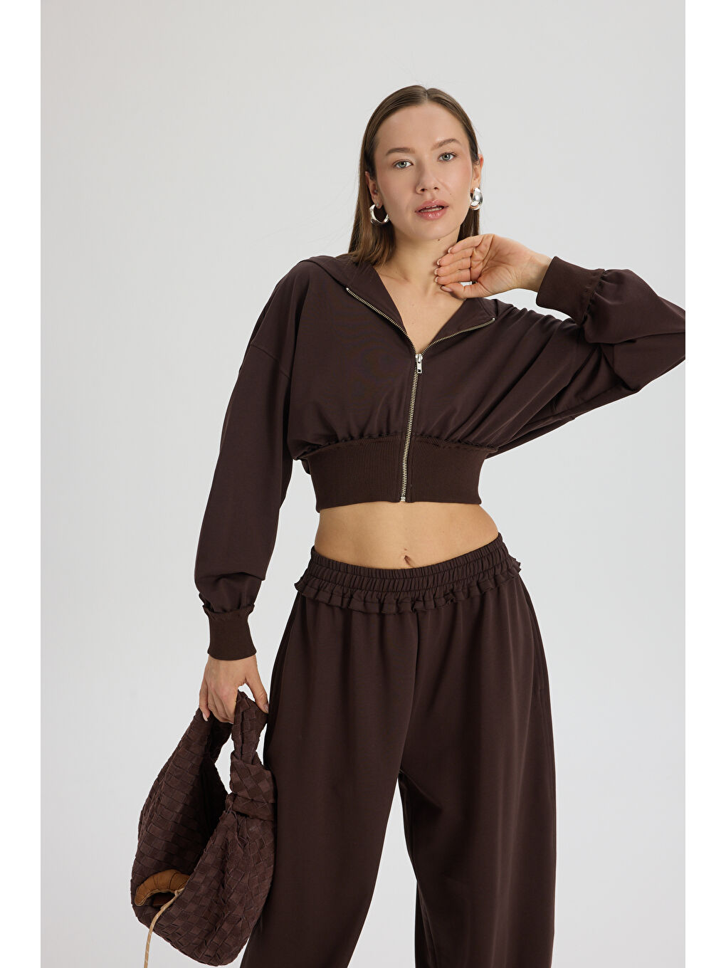 Kahverengi Petal Pis Detay Kahve Crop Eşofman Takım-5