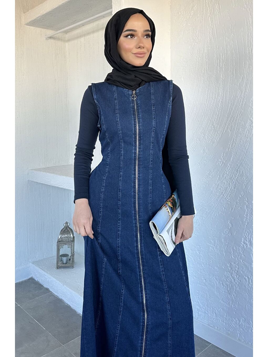Lacivert Boydan Fermuarlı Jean Jean Tesettür Elbise-4