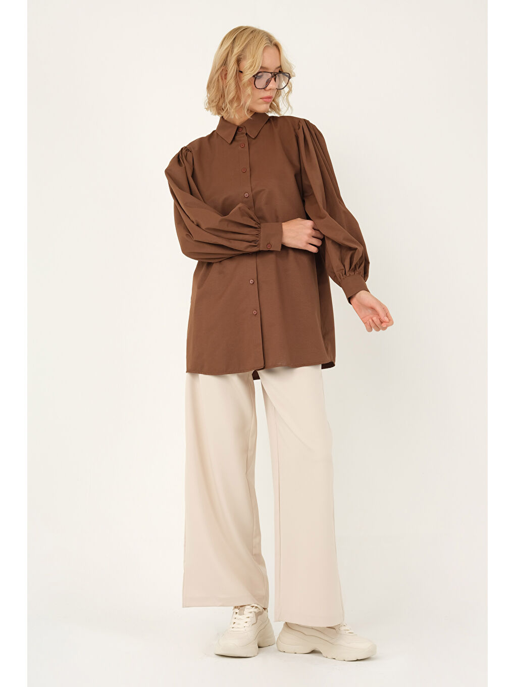 Kahverengi Balon Kol Gömlek Kahve