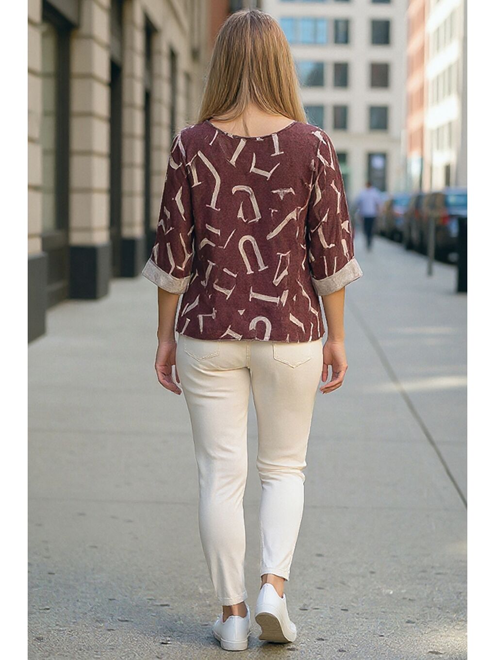 İtalyan Bordo V Yaka Uzun Kol İnce Allover Baskılı Casual Triko Bluz 70 70-5