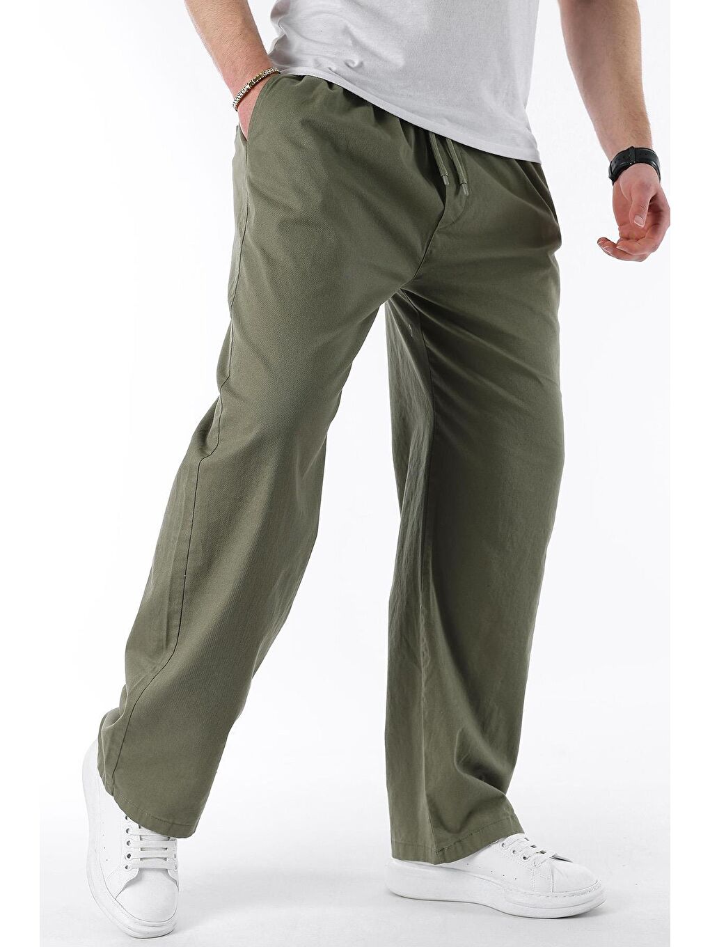 Yeşil Bol Paça Beli Bağlamalı Erkek Pantolon E7403-1