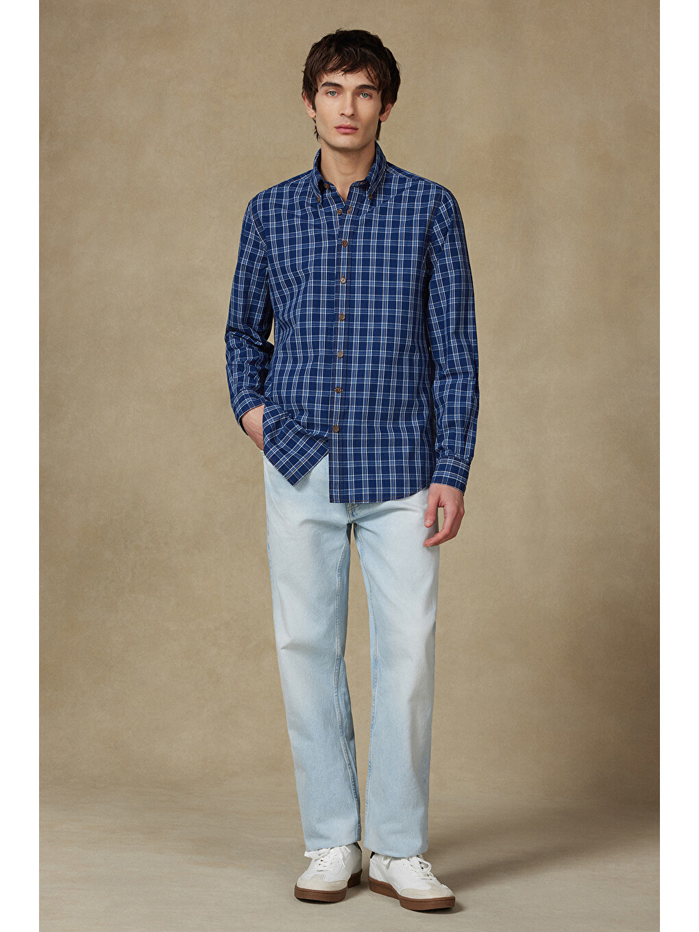 Natte Denim Pamuklu Comfort Fit Lacivert Düğmeli Yaka Erkek Kareli Gömlek-2