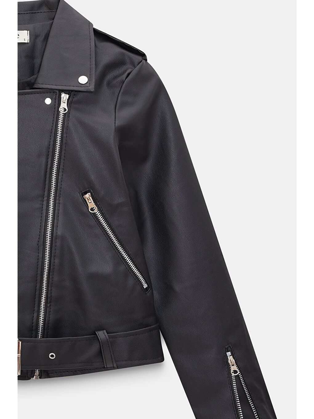 Siyah Kadın Relax Fit Gömlek Yaka Kemerli Cepli  Suni Deri Biker Crop Ceket - Fermuar Detaylı-2