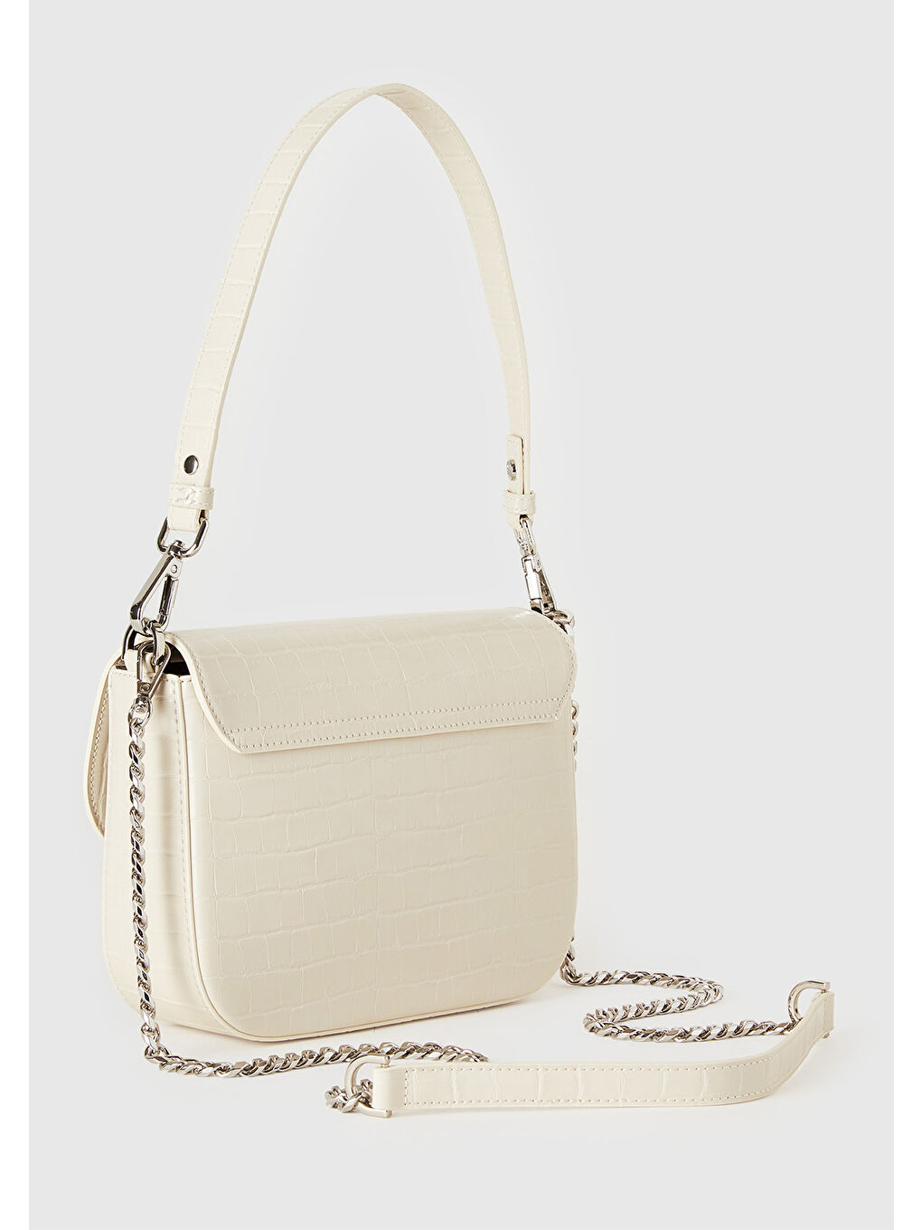 Ekru Kadın Krem Logo Detaylı Metal Tokalı Zincirli Askılı Kroko Çanta-1