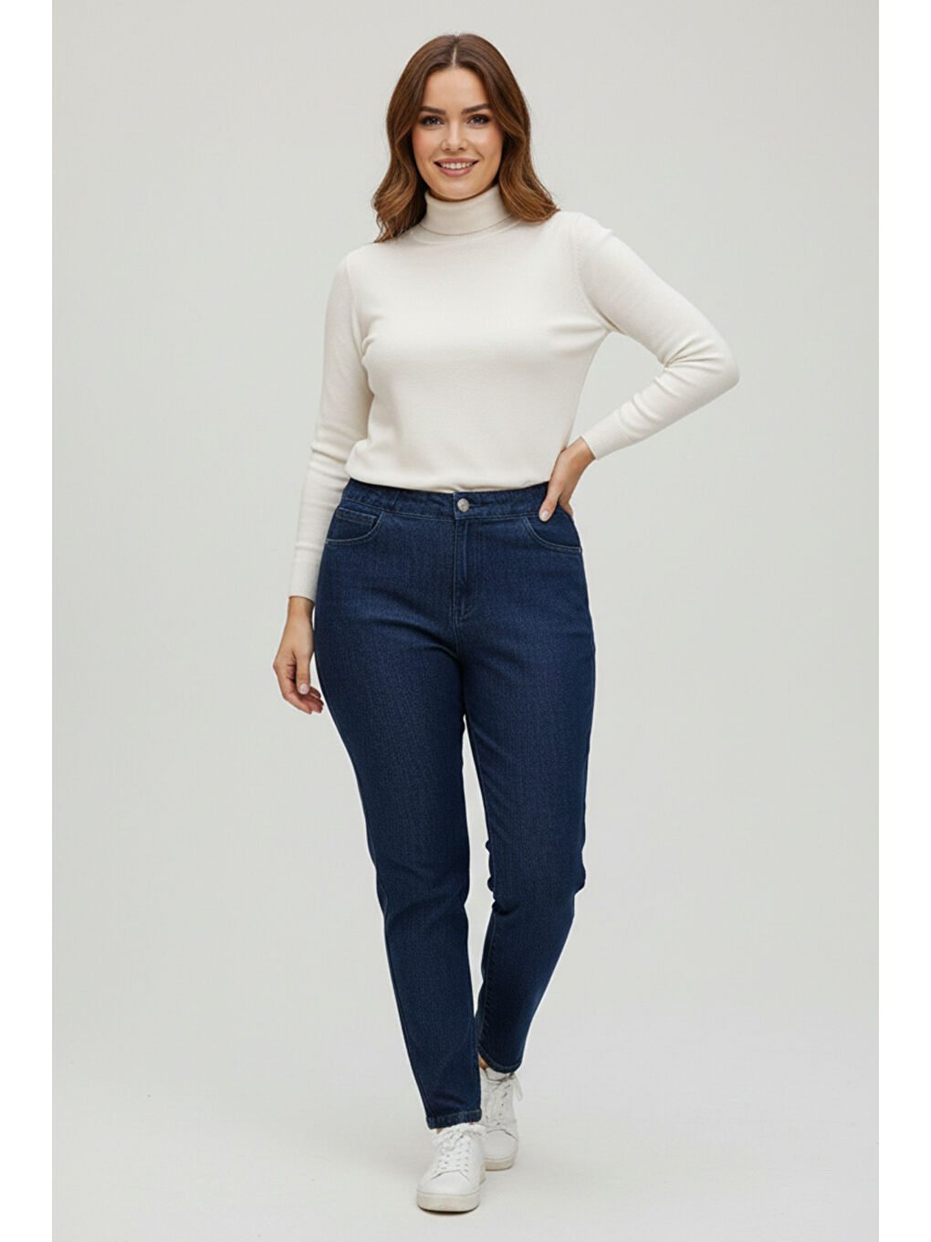 Büyük Beden Kadın Beli Lastikli Elastanlı Boru Paça Jean Pantolon 03 Lacivert01-1