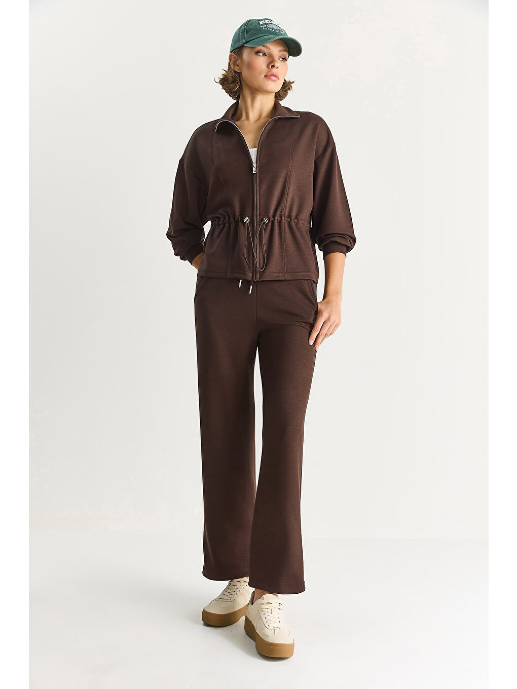 Kahverengi Kadın Yumuşak Dokulu Bel Ayarlamalı Ceket Pantolon Modal Takım-5