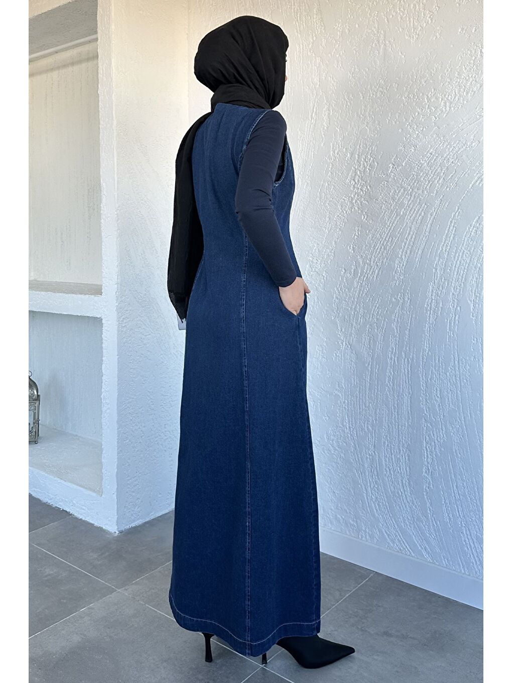 Lacivert Boydan Fermuarlı Jean Jean Tesettür Elbise-6
