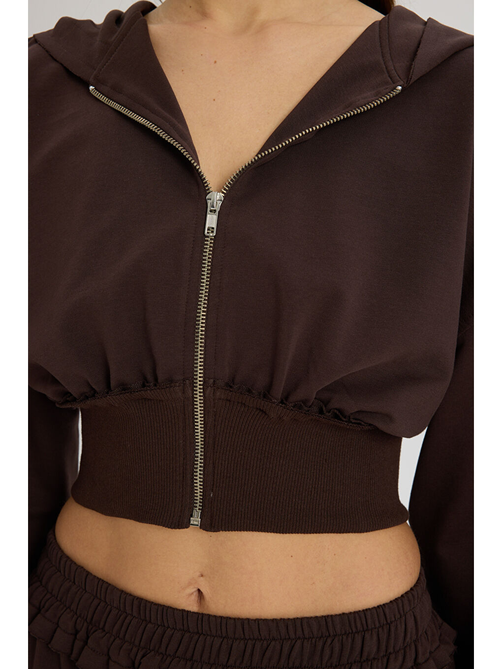 Kahverengi Petal Pis Detay Kahve Crop Eşofman Takım-6