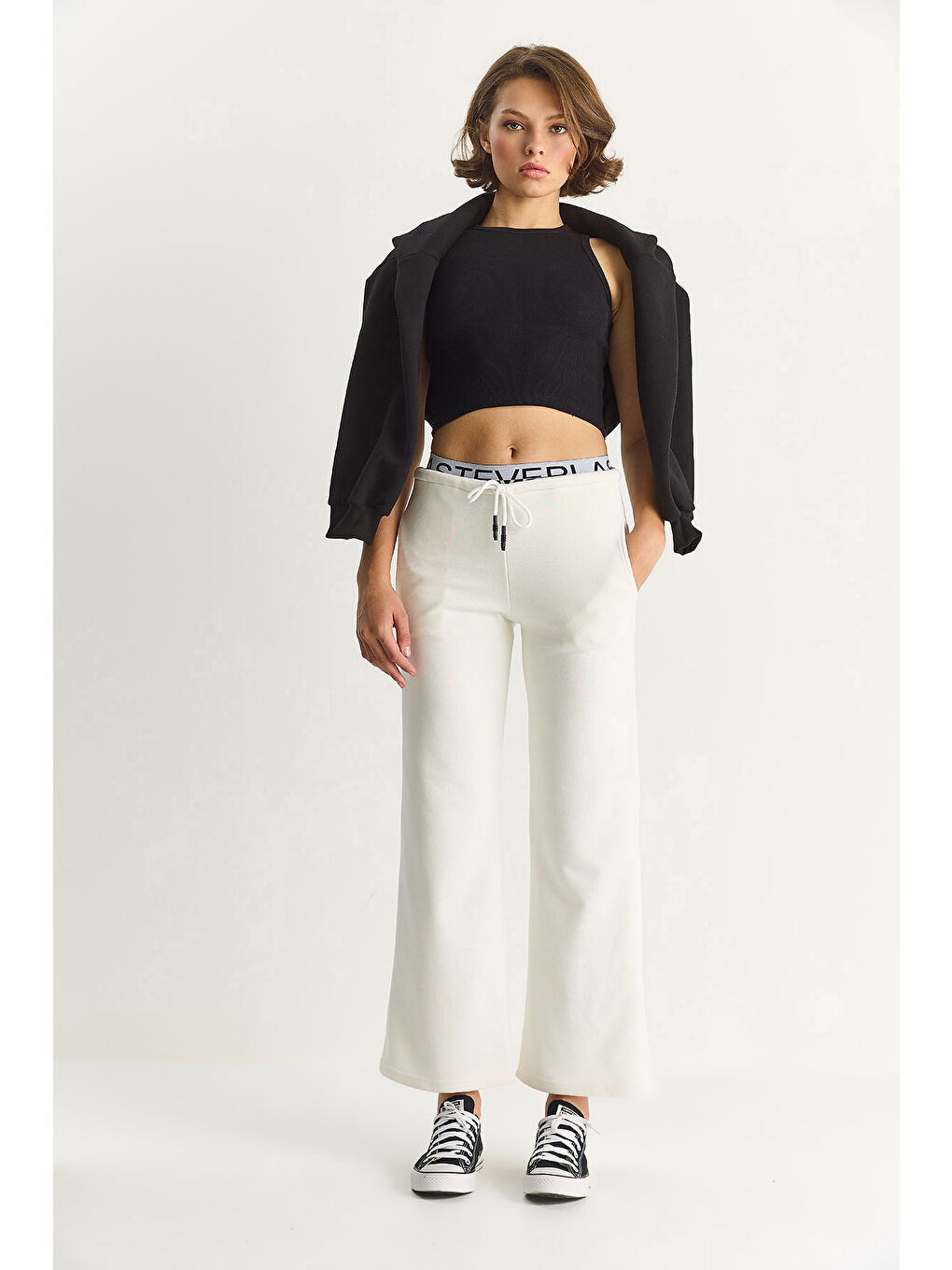 Ekru Kadın Beli Lastik Detaylı Bol Paça Eşofman Altı-1