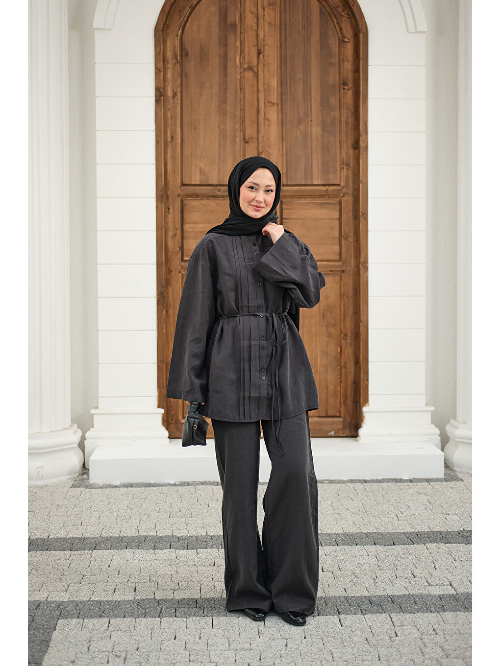 Kadın Büzgü Detay Bel Bağlamalı Takım Antrasit