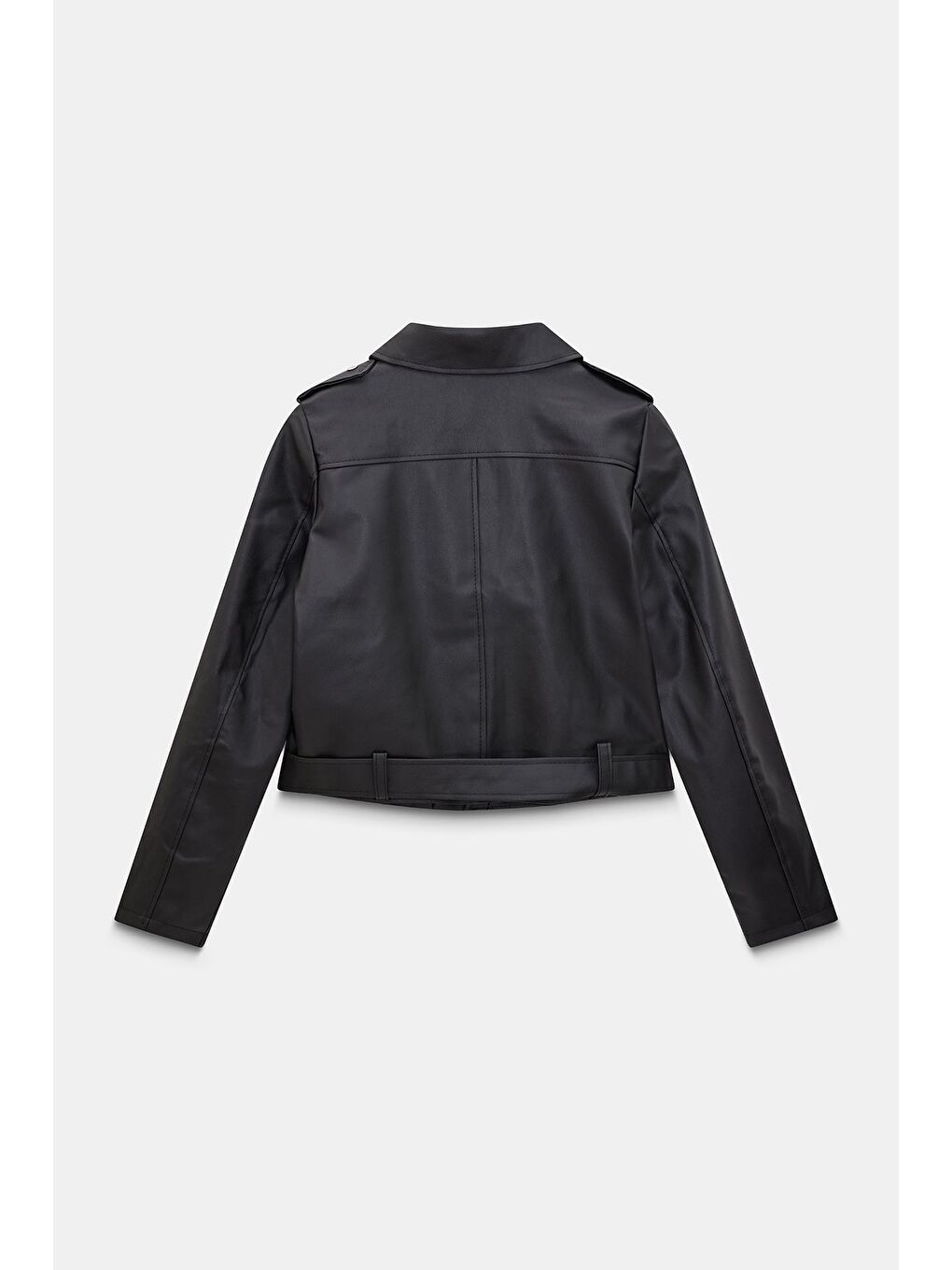 Siyah Kadın Relax Fit Gömlek Yaka Kemerli Cepli  Suni Deri Biker Crop Ceket - Fermuar Detaylı-4
