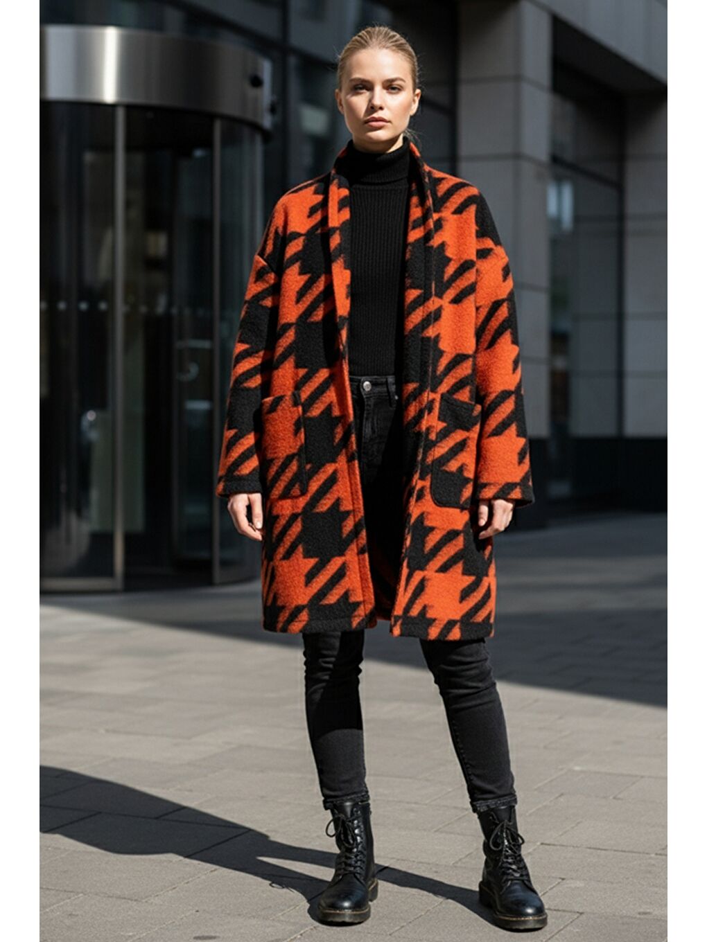 İtalyan Siyah-Turuncu Kimono Yaka Uzun Kol Kazayağı Kapamasız Cepli Casual Kaşe Dokuma Ceket 100 75-1