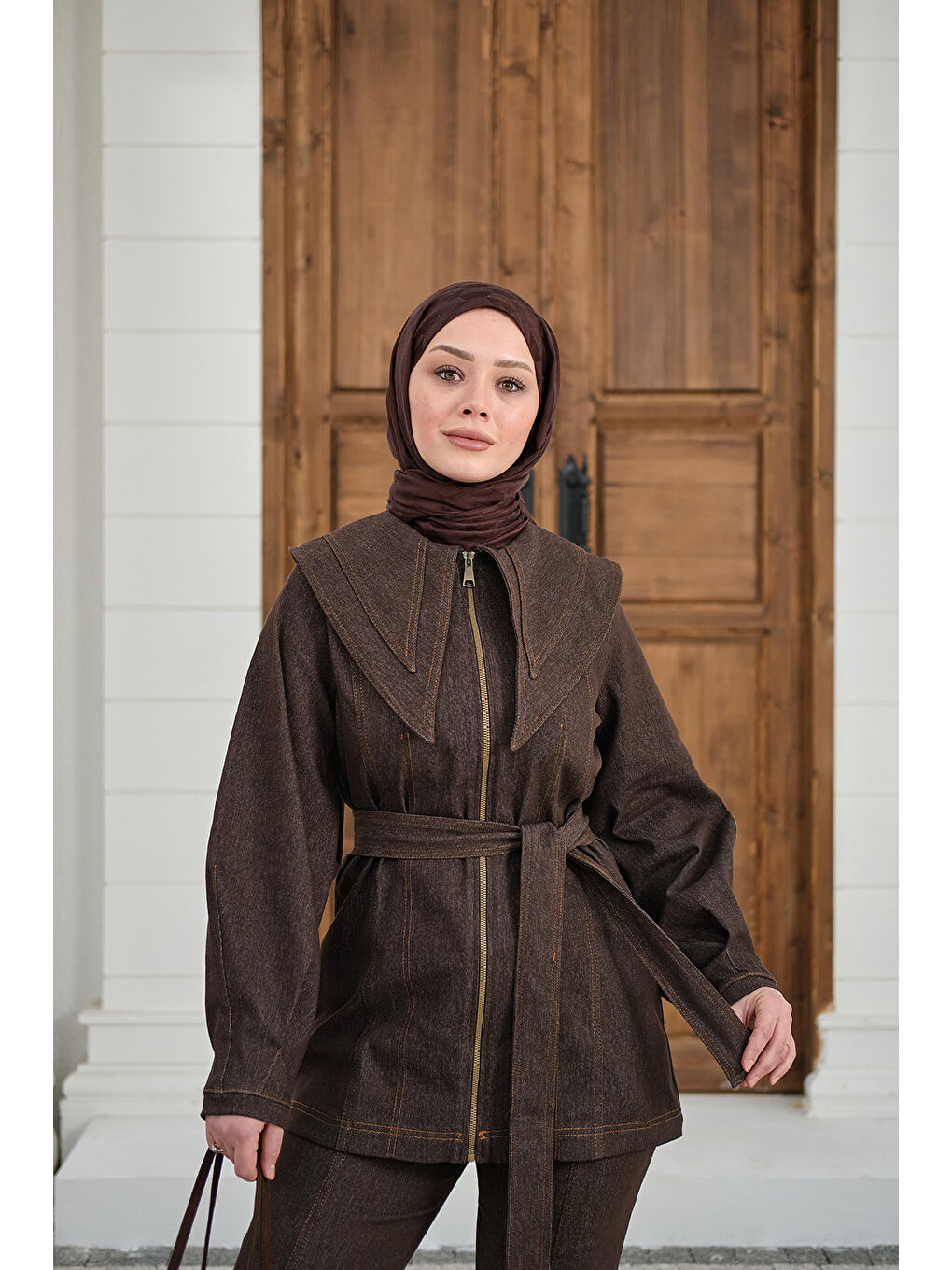 Kadın Fermuarlı Jean Takım Kahverengi-2