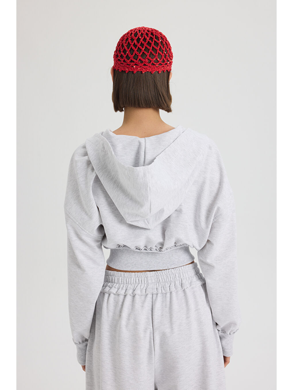 Beyaz Petal Pis Detay Karmelanj Crop Eşofman Takım-4