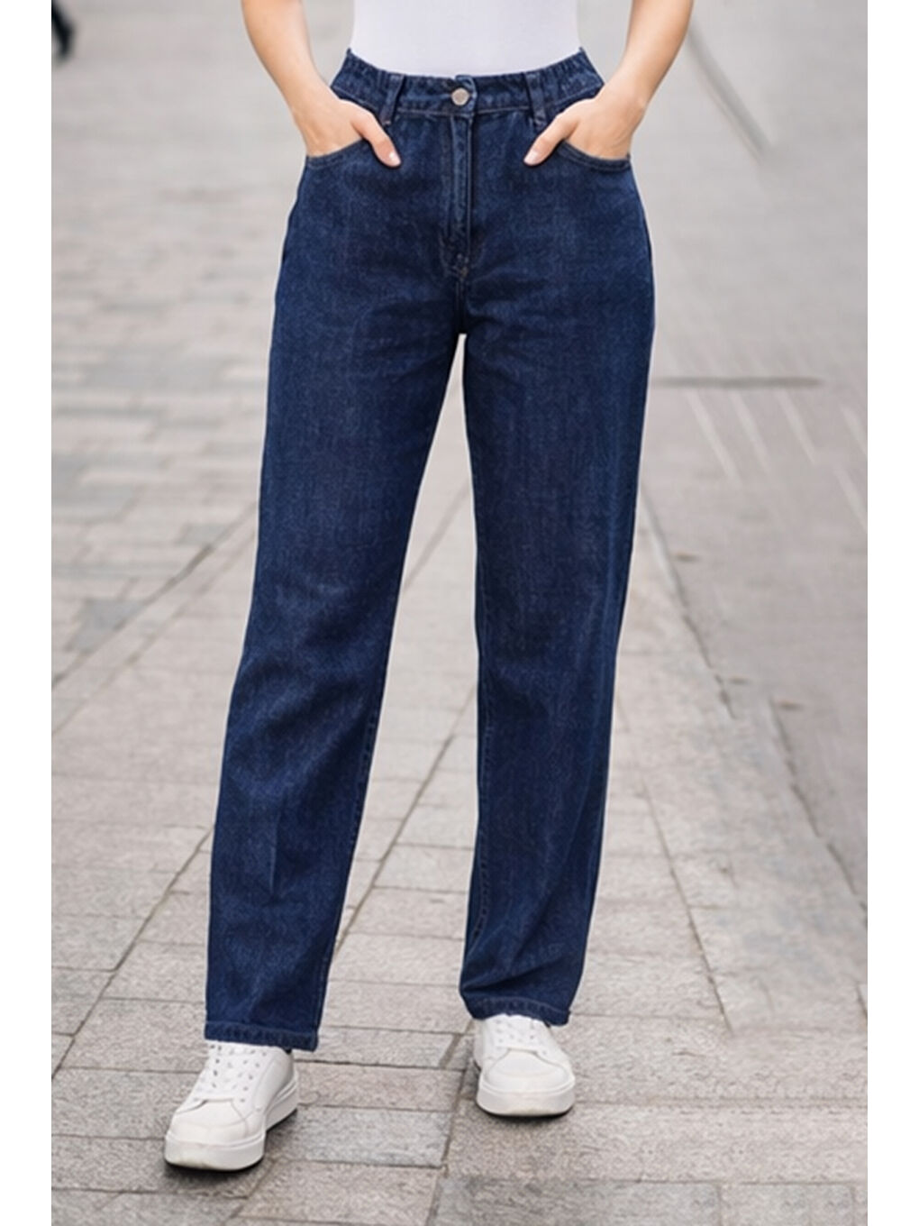 Büyük Beden Kadın Beli Lastikli Elastanlı Boru Paça Jean Pantolon 03 Lacivert01-2