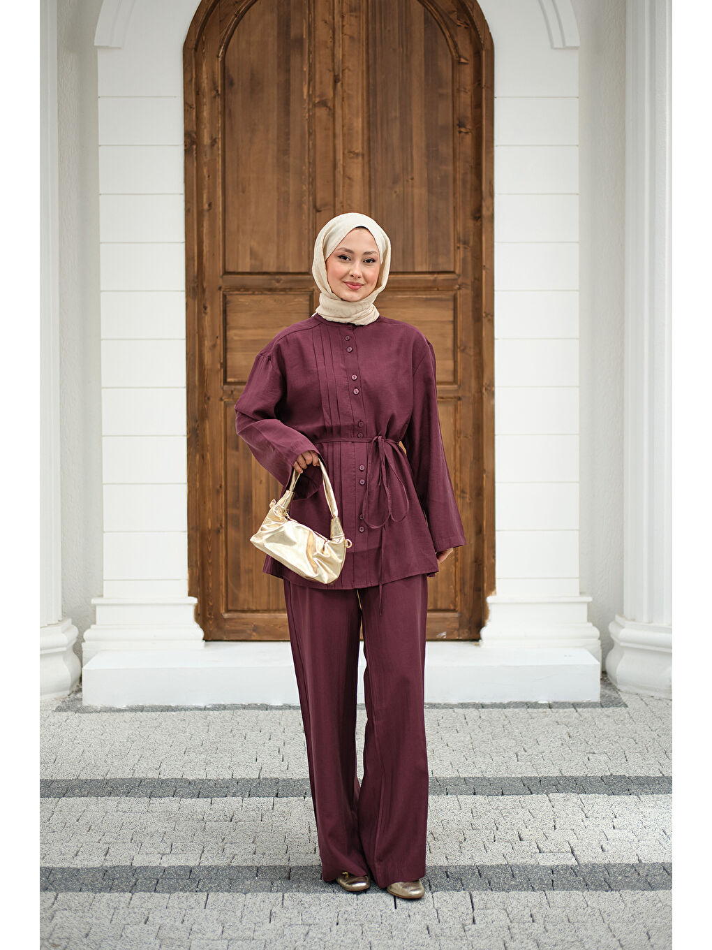 Kadın Büzgü Detay Bel Bağlamalı Takım Bordo-1