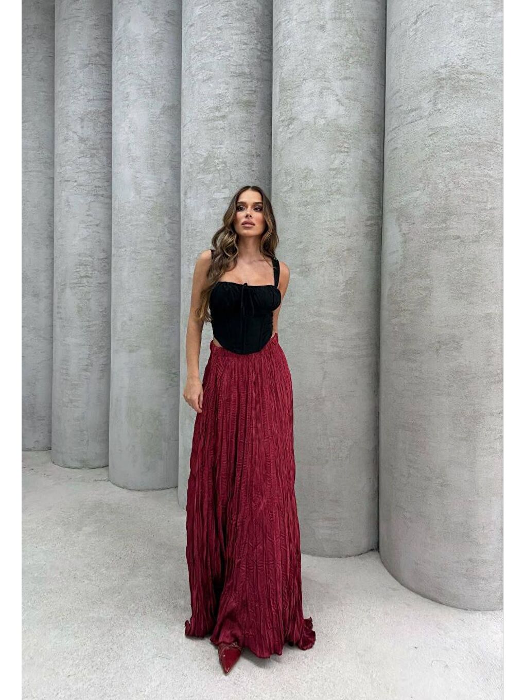 Saten Kumaş Piliseli Etek Bordo-1