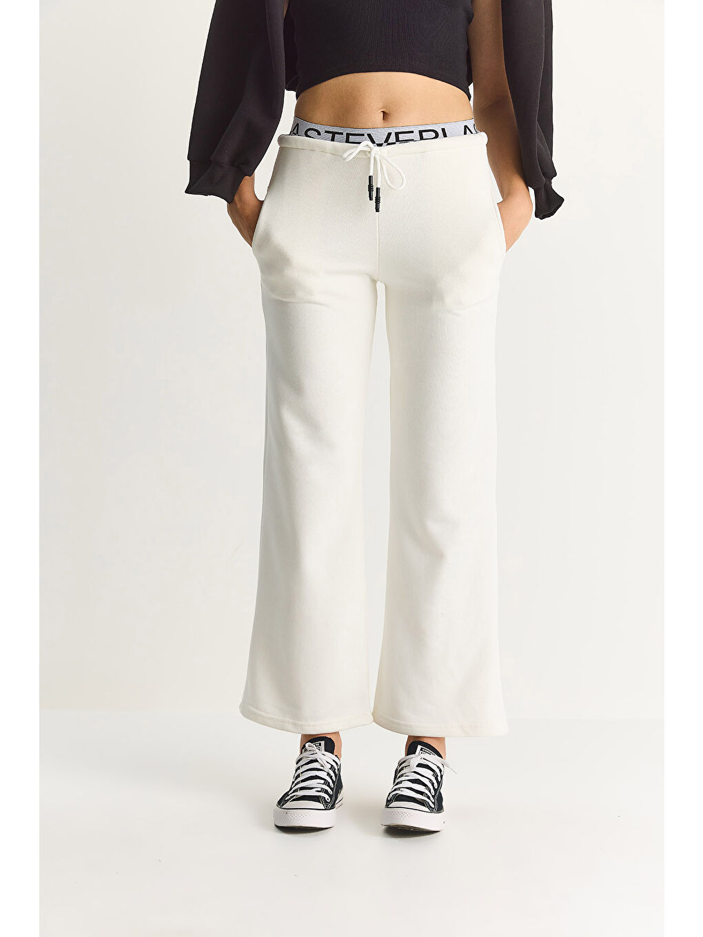 Ekru Kadın Beli Lastik Detaylı Bol Paça Eşofman Altı-2