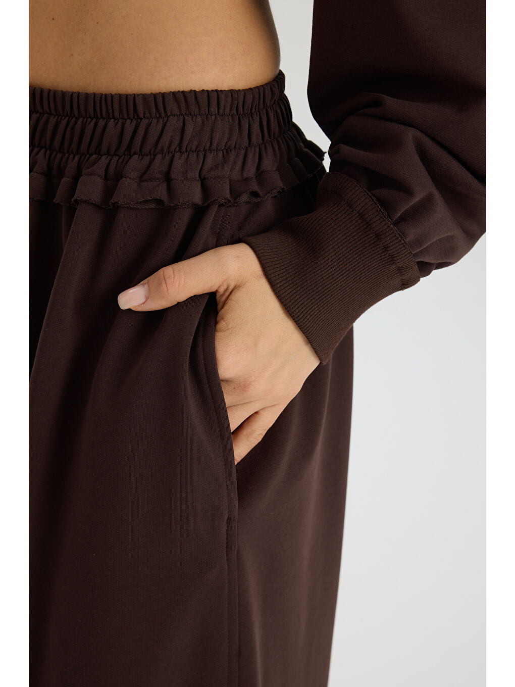 Kahverengi Petal Pis Detay Kahve Crop Eşofman Takım-7