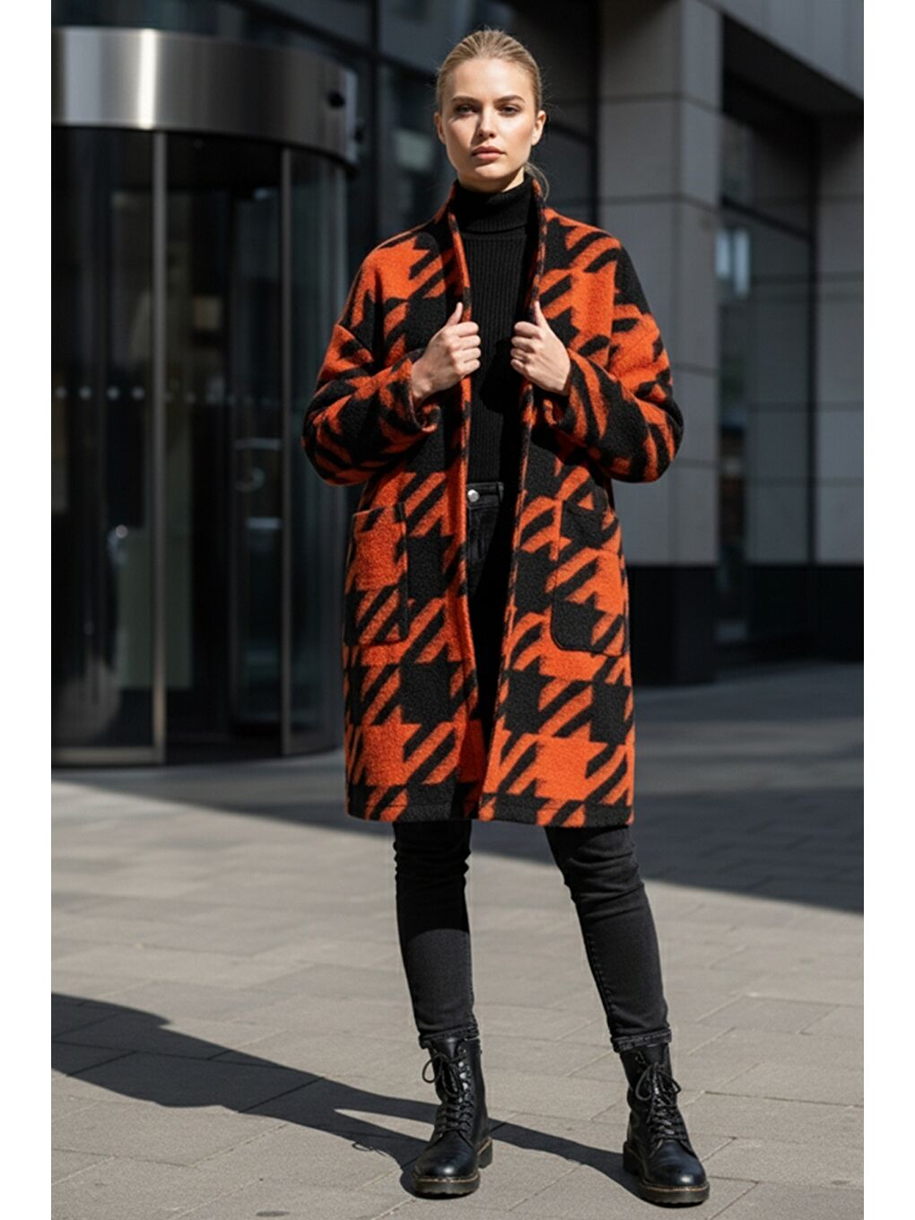 İtalyan Siyah-Turuncu Kimono Yaka Uzun Kol Kazayağı Kapamasız Cepli Casual Kaşe Dokuma Ceket 100 75-2