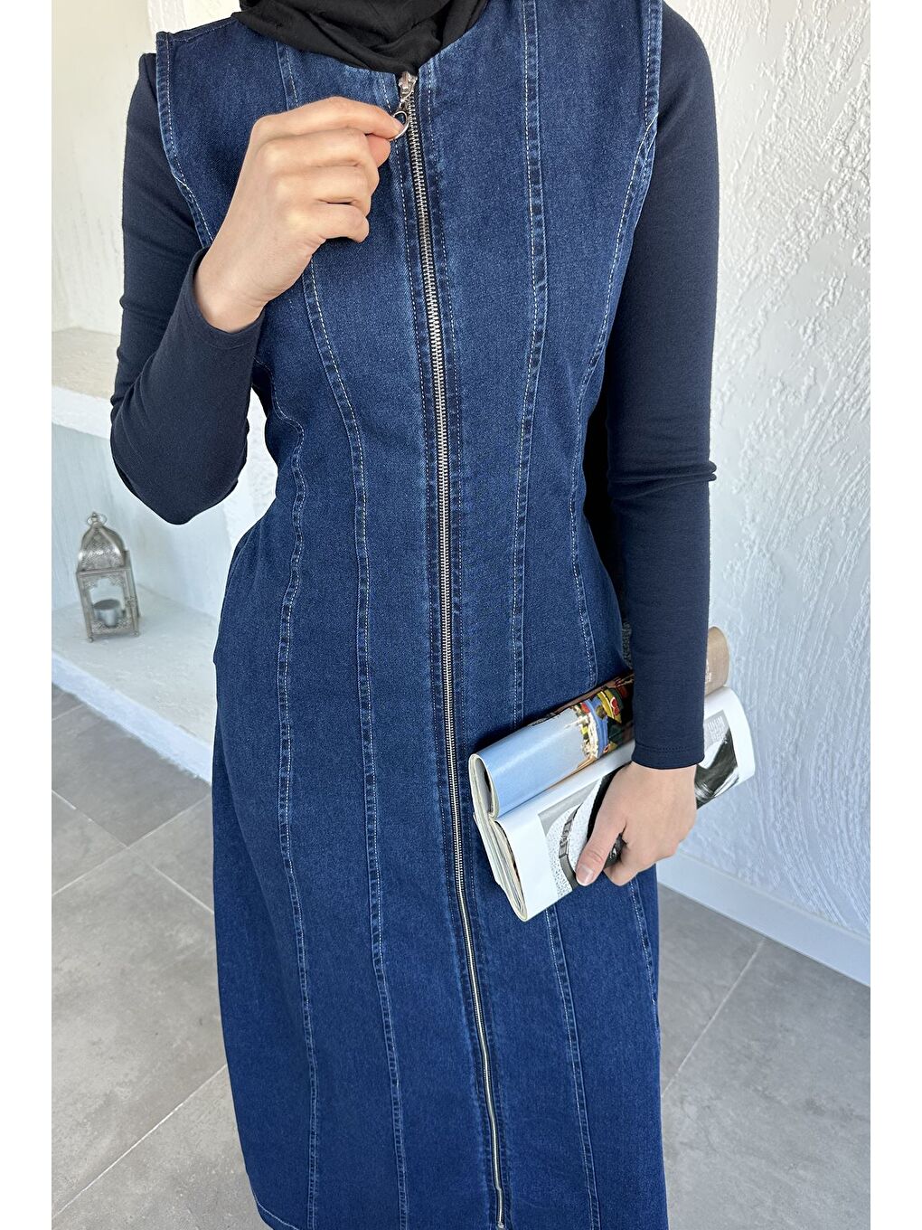 Lacivert Boydan Fermuarlı Jean Jean Tesettür Elbise-9