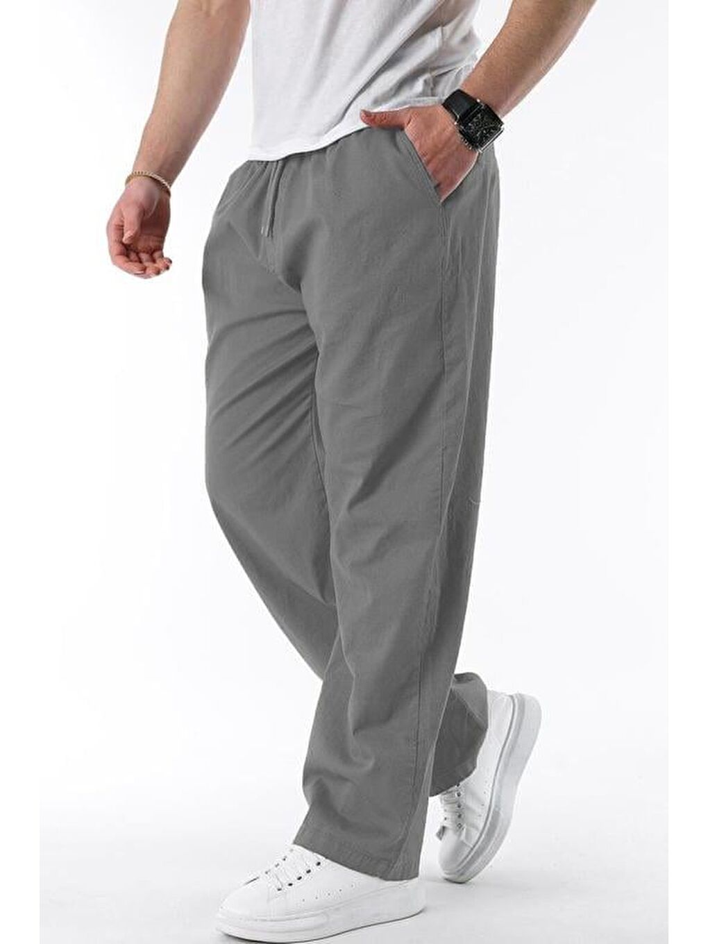 Gri Füme Bol Paça Beli Bağlamalı Erkek Pantolon E7403