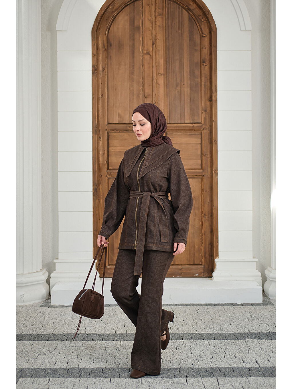 Kadın Fermuarlı Jean Takım Kahverengi-3