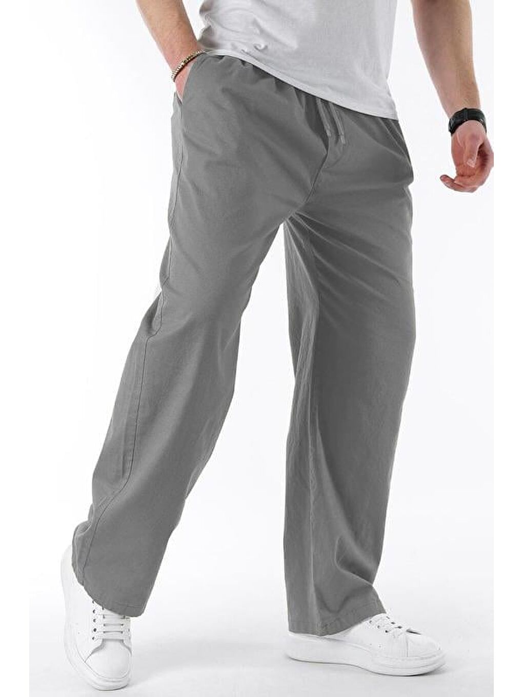 Gri Füme Bol Paça Beli Bağlamalı Erkek Pantolon E7403-1