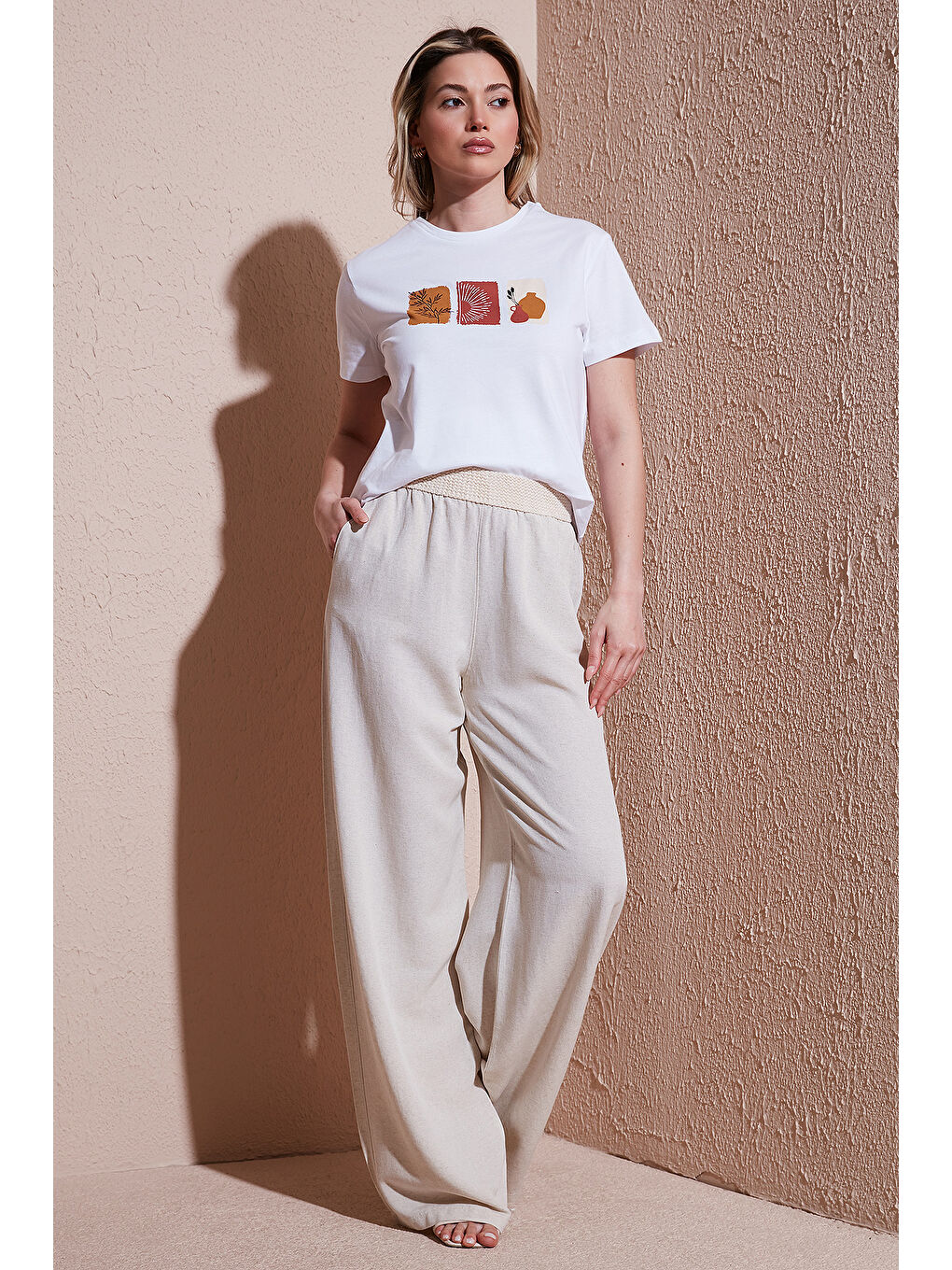 Bej Wide Leg Yüksek Bel Geniş Paça Pantolon 25Y0893K1